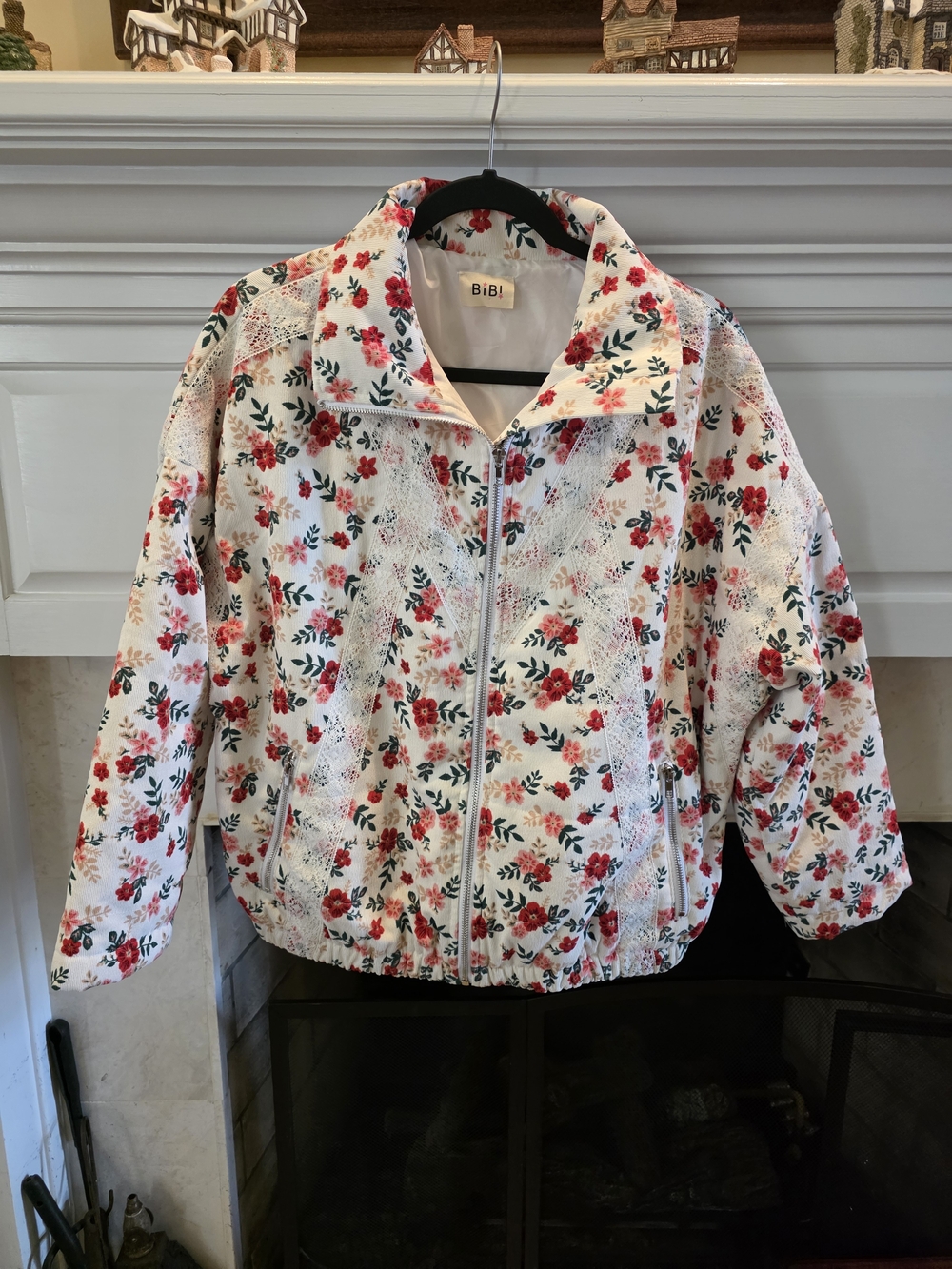 BiBi White Bomber Jacket with Red Floral Print